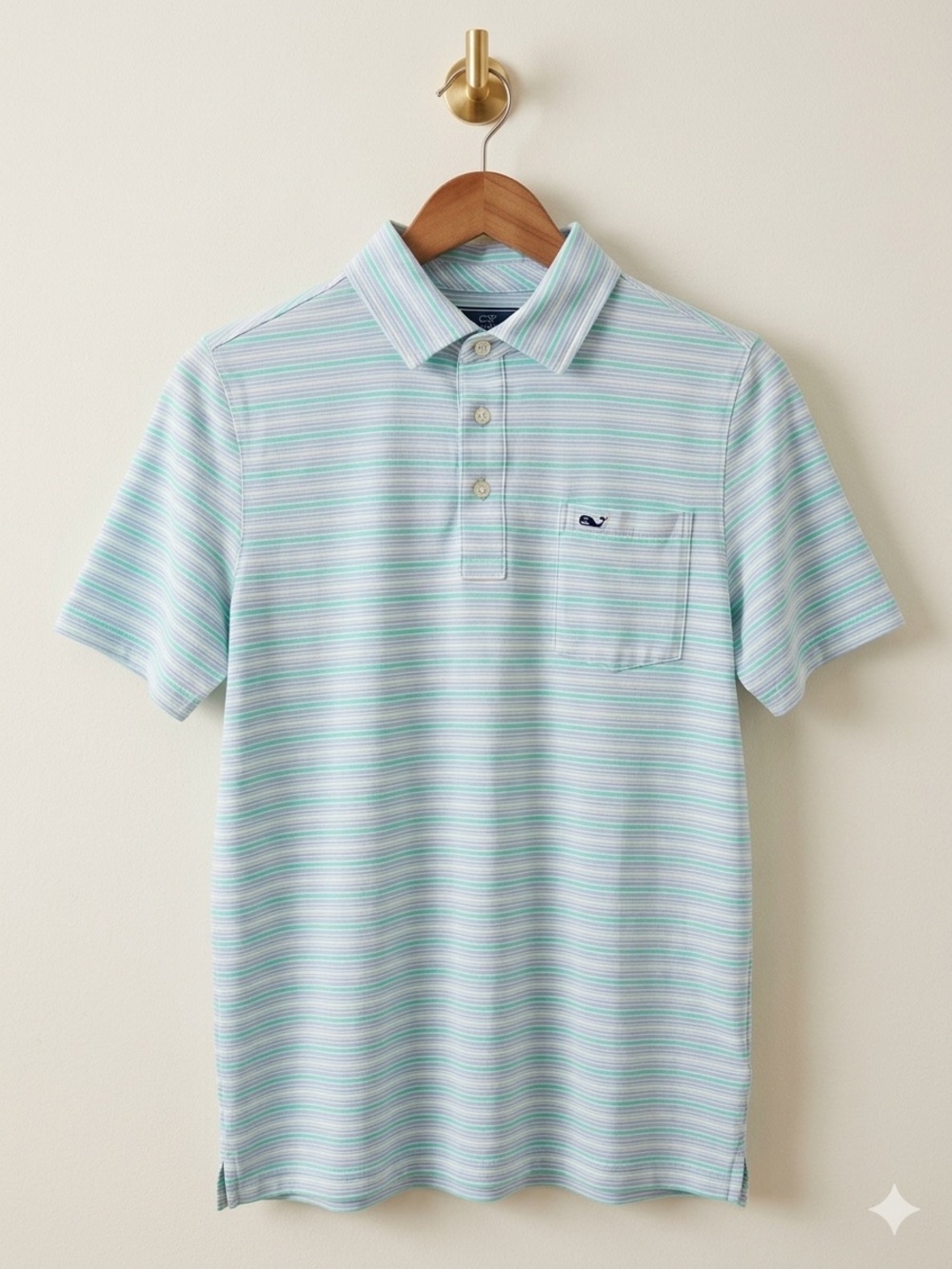 Vineyard Vine Striped Light Blue & Green Polo Shirt - Boys Large